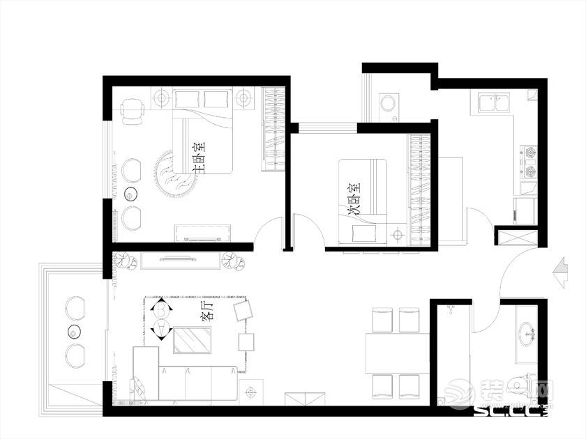 现代简约风格两居室装修户型图